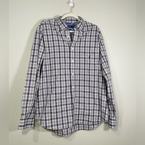 Nautica Shirt Checkered Button Down Collar Shirt Purple Grey White Men Size XL